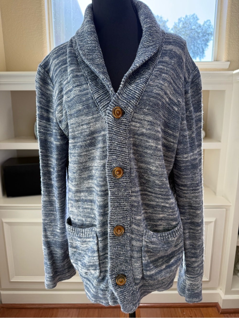 Lucky Brand Men's M/Women’s L Shawl Collar Cardigan Blue Heathered Great Buttons